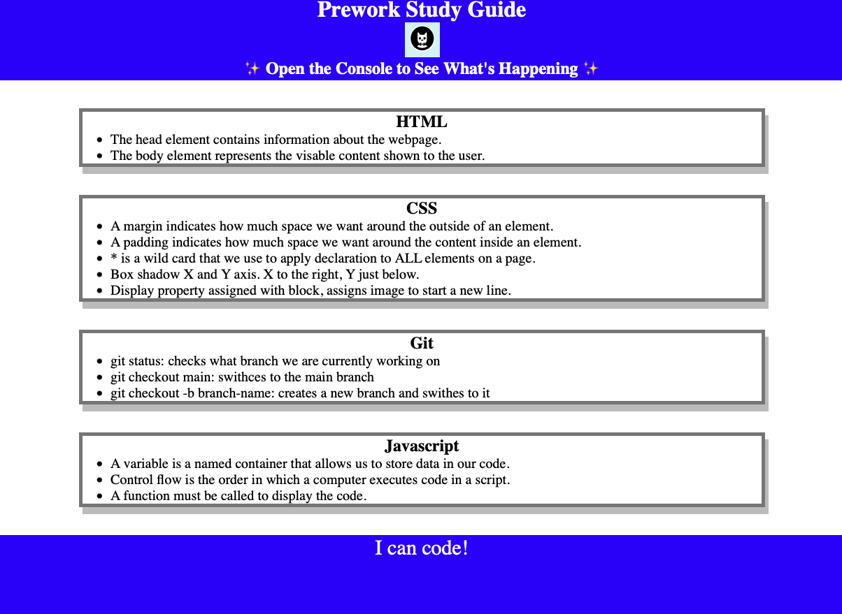 Prework Study Guide Webpage image